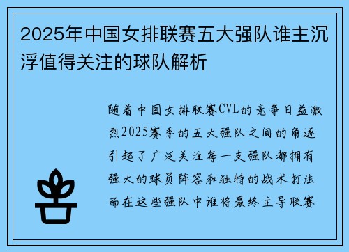 2025年中国女排联赛五大强队谁主沉浮值得关注的球队解析